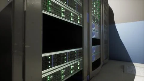 Shot of Corridor in Working Data Center Full of Rack Servers and Supercompute Stock Illustration