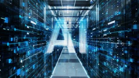 Shot of Corridor in Working Data Center Full of Rack Servers and Supercomputers  스톡 사진