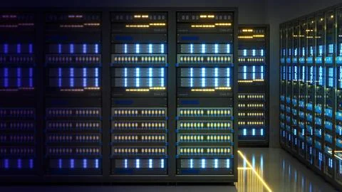Shot of Data Center With Multiple Rows of Fully Operational Server Racks. M.. Illustrazione stock