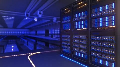 Shot of Data Center With Multiple Rows of Fully Operational Server Racks. M.. Stock Illustration