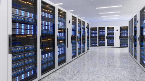 Shot of Data Center With Multiple Rows of Fully Operational Server Racks. M.. Illustrazione stock