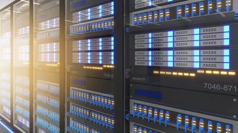 Shot of Data Center With Multiple Rows of Fully Operational Server Racks. M.. Stock Illustration
