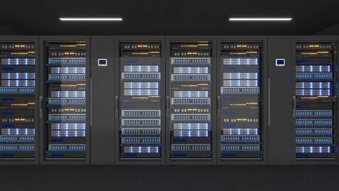 Shot of Data Center With Multiple Rows of Fully Operational Server Racks. M.. Illustrazione stock