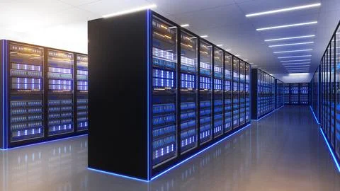 Shot of Data Center With Multiple Rows of Fully Operational Server Racks. M.. Illustrazione stock