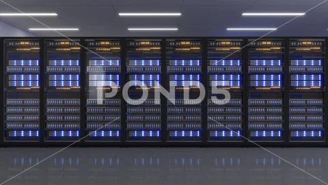 Shot of Data Center With Multiple Rows of Fully Operational Server ...