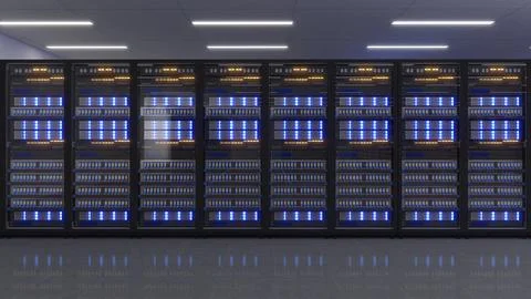 Shot of Data Center With Multiple Rows of Fully Operational Server Racks. M.. Illustrazione stock