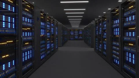 Shot of Data Center With Multiple Rows of Fully Operational Server Racks. M.. Illustrazione stock
