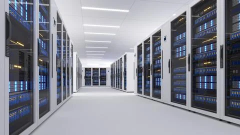 Shot of Data Center With Multiple Rows of Fully Operational Server Racks. M.. Illustrazione stock