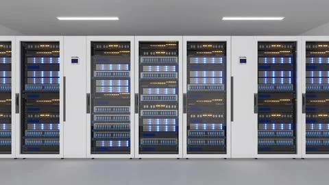Shot of Data Center With Multiple Rows of Fully Operational Server Racks.,s.. Stock Illustration
