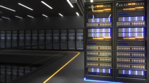 Shot of Data Center With Multiple Rows of Fully Operational Server Racks. M.. Stock Illustration