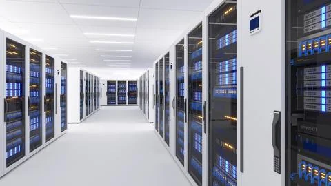 Shot of Data Center With Multiple Rows of Fully Operational Server Racks. M.. Stock Illustration