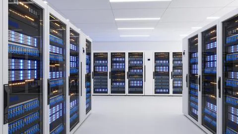 Shot of Data Center With Multiple Rows of Fully Operational Server Racks. M.. Stock Illustration