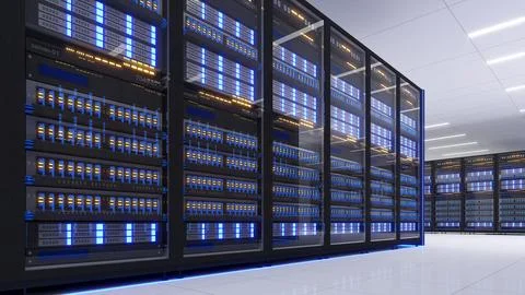 Shot of Data Center With Multiple Rows of Fully Operational Server Racks. M.. Stock Photos