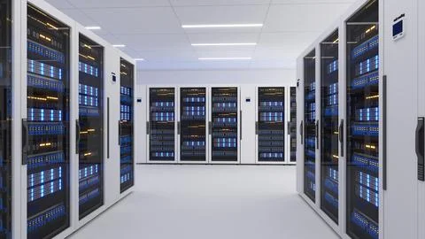 Shot of Data Center With Multiple Rows of Fully Operational Server Racks. M.. Stockfoto's