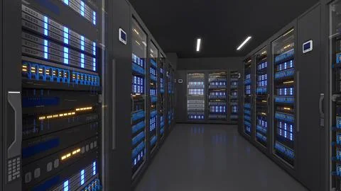 Shot of Data Center With Multiple Rows of Fully Operational Server Racks. M.. Stock Photos