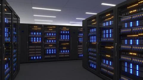 Shot of Data Center With Multiple Rows of Fully Operational Server Racks. M.. Foto stock