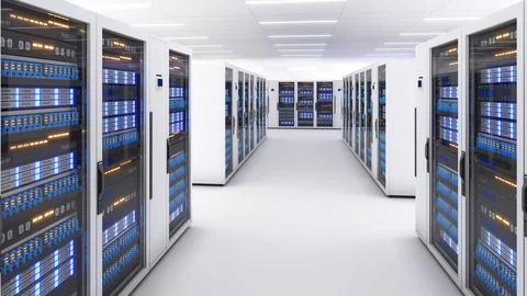 Shot of Data Center With Multiple Rows of Fully Operational Server Racks. M.. Foto stock