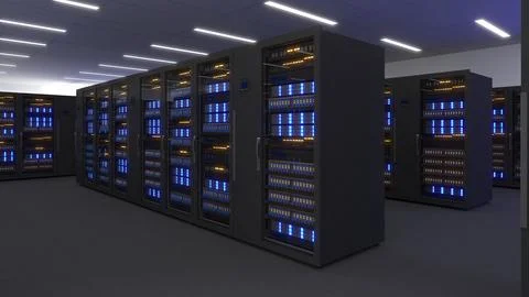 Shot of Data Center With Multiple Rows of Fully Operational Server Racks. M.. Stock Photos