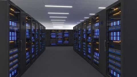 Shot of Data Center With Multiple Rows of Fully Operational Server Racks. M.. Stockfoto's