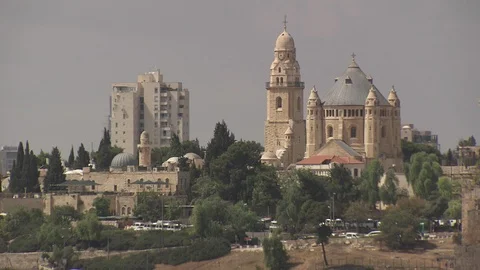 Shot of Dormition Abbey outside Old City in Jerusalem, Israel Stock Footage 86759381