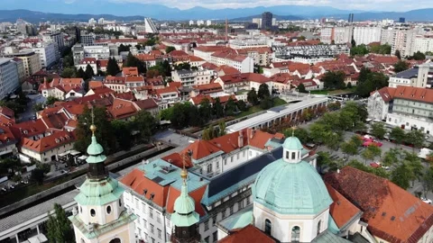 Shot from a drone Cathedral of St. Nicholas in Ljubljana Stock Footage 163912623