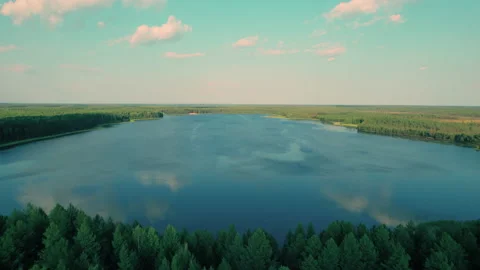 Shot on a drone.A large lake in the forest. Water surface.Taiga. Stock Footage 208907196