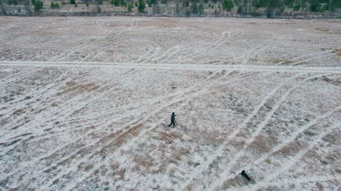 Shot on a drone. A man in the field is looking for metal with a metal detector. Video stock 221164878
