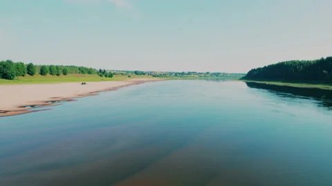 Shot on a drone.A wide river with a sandy shore. Stock Footage 204917618