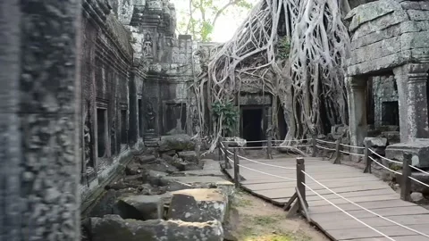 Shot of an empty boardwalk in front of a damaged historic Hindu temple - Siem Stock Footage 277973678