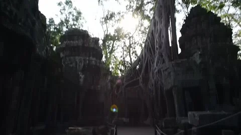 Shot of an empty boardwalk in front of a damaged historic Hindu temple - Siem Stock Footage 277973683