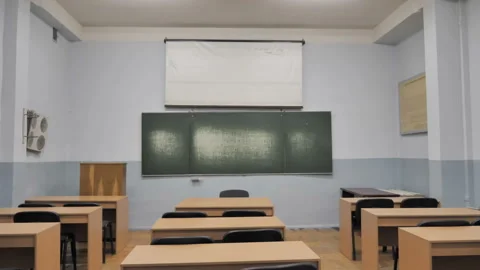 Shot Of Empty Classroom In An Elementary School Stock Footage 141662808