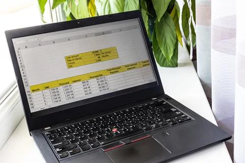 Shot of an excel sheet on computer screen showing bank loan amortization ta.. 스톡 사진