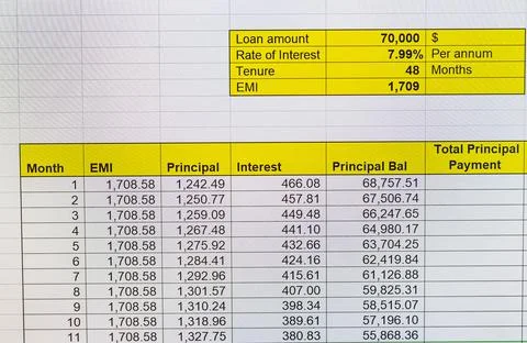 Shot of an excel sheet on computer screen showing bank loan amortization ta.. 스톡 사진