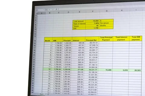 Shot of an excel sheet on computer screen showing bank loan amortization ta.. 스톡 사진