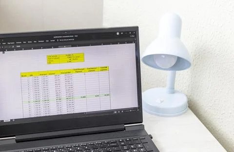 Shot of an excel sheet on computer screen showing bank loan amortization ta.. 스톡 사진