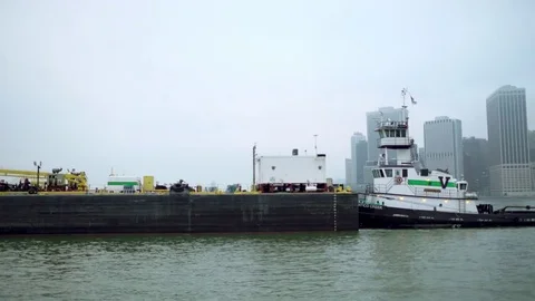 Shot of ferry floating by Hudson river at dayrime Stock Footage 80880059