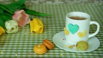 Shot with free space for lettering, using colorful tulips Stock Footage 86127841