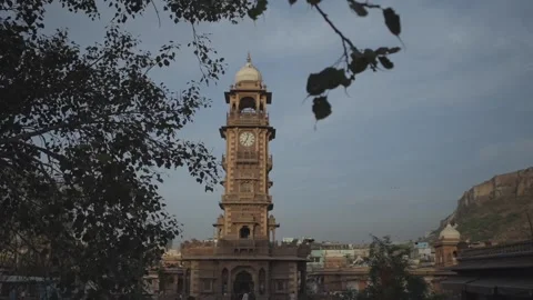 A shot of Ghanta Ghar clock tower standing tall in Jodhpur, India Stock Footage 327906274