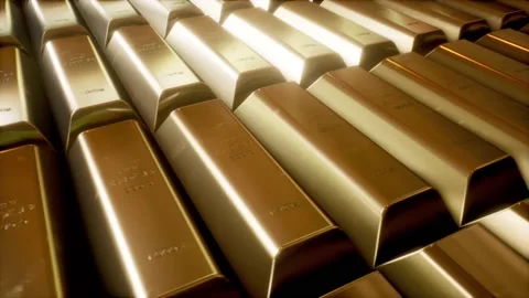 A Shot of gold bars in rows panning left Video stock 155222712