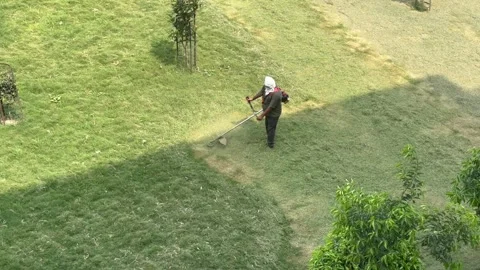 A Shot of Ground worker cutting grass with brush cutter machine in park Stock Footage 334913208