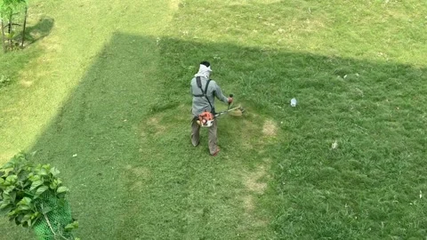 A Shot of Ground worker cutting grass with brush cutter machine in park Stockbeeldmateriaal 334913215