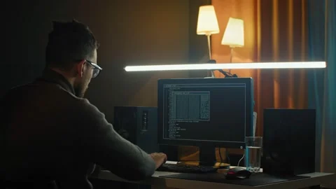 Shot of hacker writing program code both on laptop computer sitting at desk at 스톡 동영상 168946698