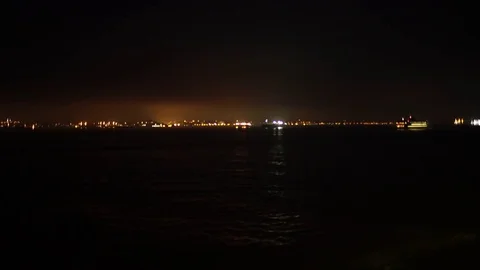 Shot of Hudson river and big boat in night time Stock Footage 80881925