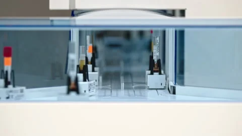 Shot of the inside of an automated lab glazed line. Test tubes moving around on Stock Footage 234018626