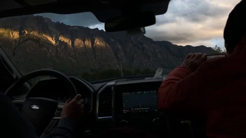 Shot from inside a ford pickup driving at sunset on Carretera Austral in 動画素材 105983442