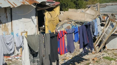 Shot inside a Romanian camp in Shkodër, Albania, clothes Stock Footage 84680144