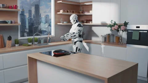 Shot of intelligent big white robot taking pot and putting on stove. Kitchen Stock Footage 196220751