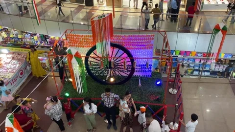 A shot of the interior of the Mall of India during the Independance day of India Stock Footage 248123305