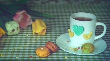 Shot with lettering «Hello Spring!», using colorful tulips, a white cup of tea Stock Footage 86127791