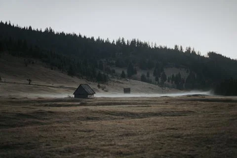 Shot of a lonely cabin in a thin layer of fog Fotos de archivo